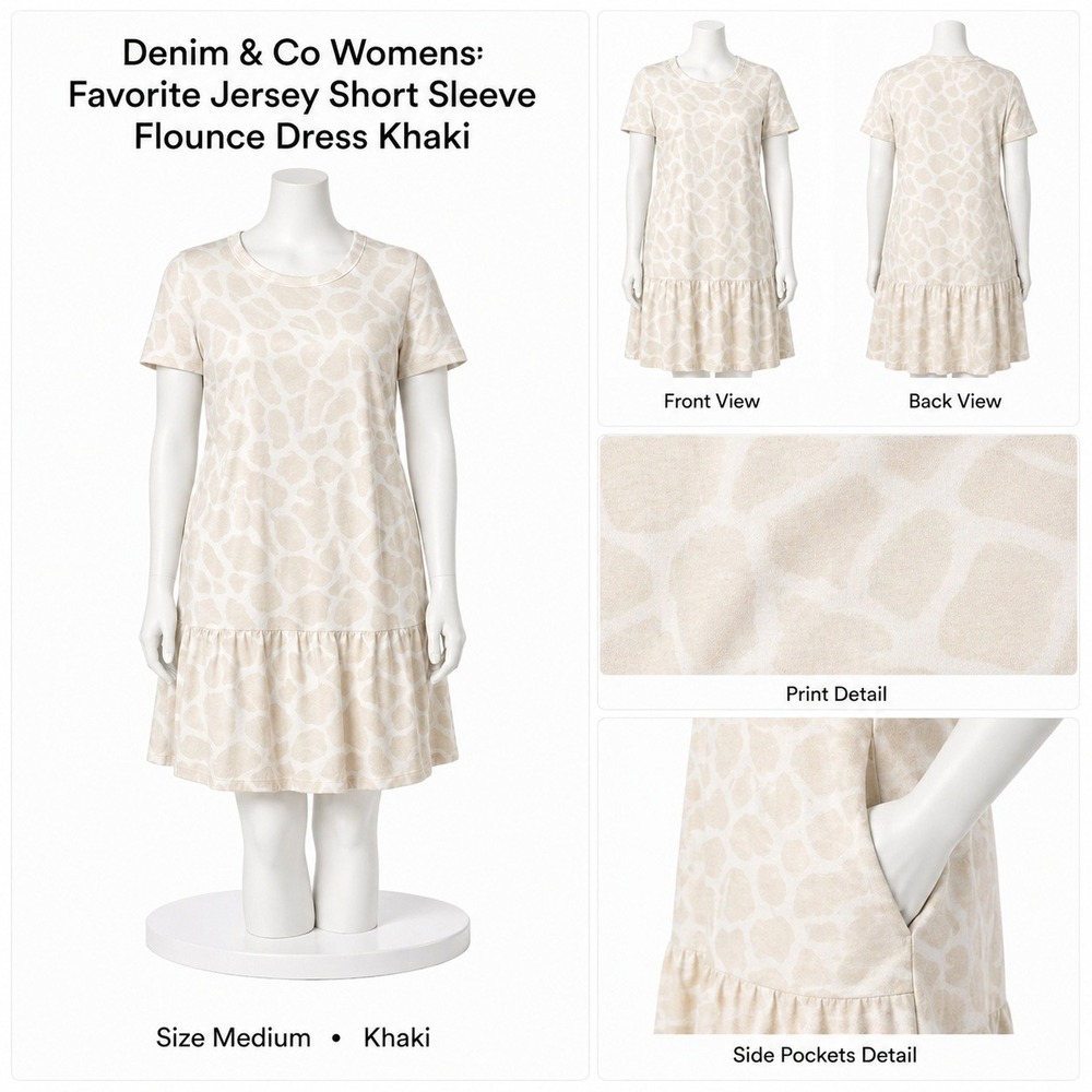 Denim & Co Womens Favorite Jersey Short Sleeve Flounce Dress Khaki Medium NWT